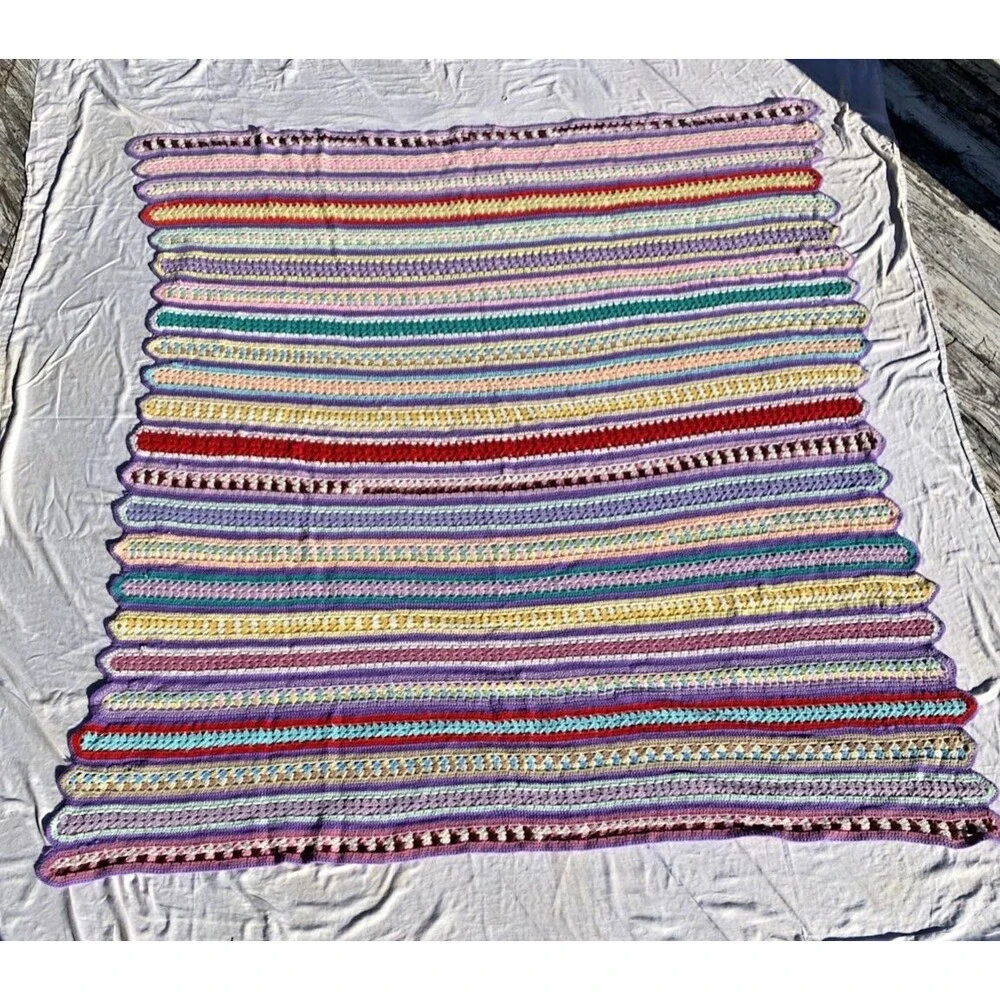 Handmade Knit Crochet Granny Striped Afghan Throw Blanket Rainbow  80